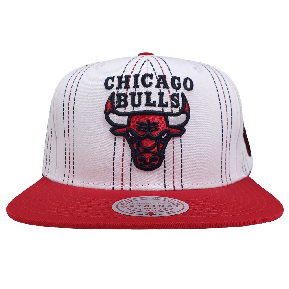 Chicago Bulls Mitchell & Ness NBA Snapback Hat Cap 3D Logo Pinstripe White NWT